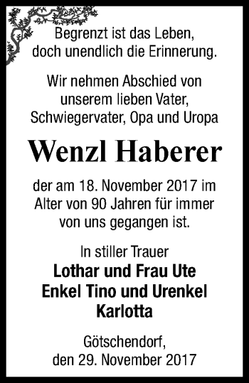 Traueranzeige von Wenzl Haberer von Templiner Zeitung