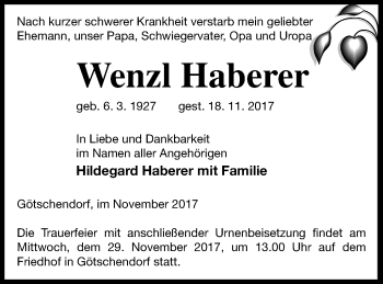 Traueranzeige von Wenzl Haberer von Templiner Zeitung