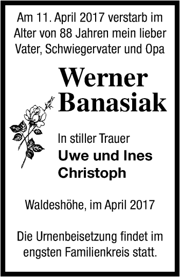 Traueranzeige von Werner Banasiak von Pasewalker Zeitung