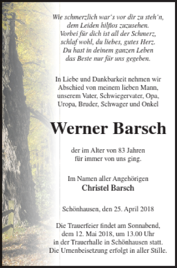 Traueranzeige von Werner Barsch von Pasewalker Zeitung