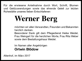 Traueranzeige von Werner Berg von Vorpommern Kurier