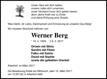 Traueranzeige von Werner Berg von Vorpommern Kurier