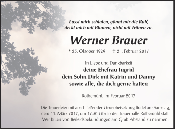 Traueranzeige von Werner Brauer von Haff-Zeitung