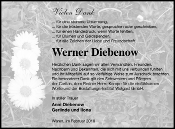 Traueranzeige von Werner Diebenow von Müritz-Zeitung