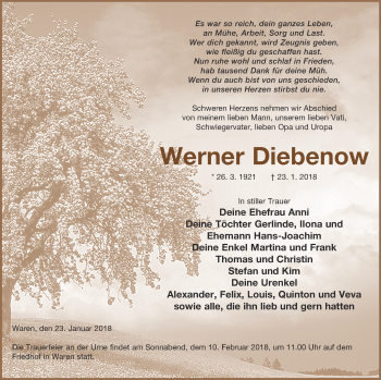 Traueranzeige von Werner Diebenow von Müritz-Zeitung