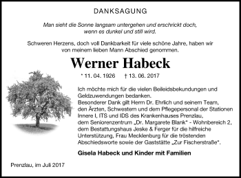 Traueranzeige von Werner Habeck von Prenzlauer Zeitung