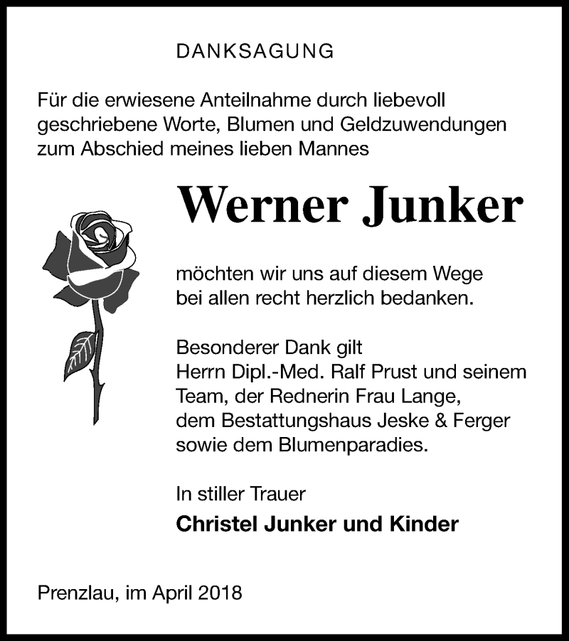  Traueranzeige für Werner Junker vom 06.04.2018 aus Prenzlauer Zeitung