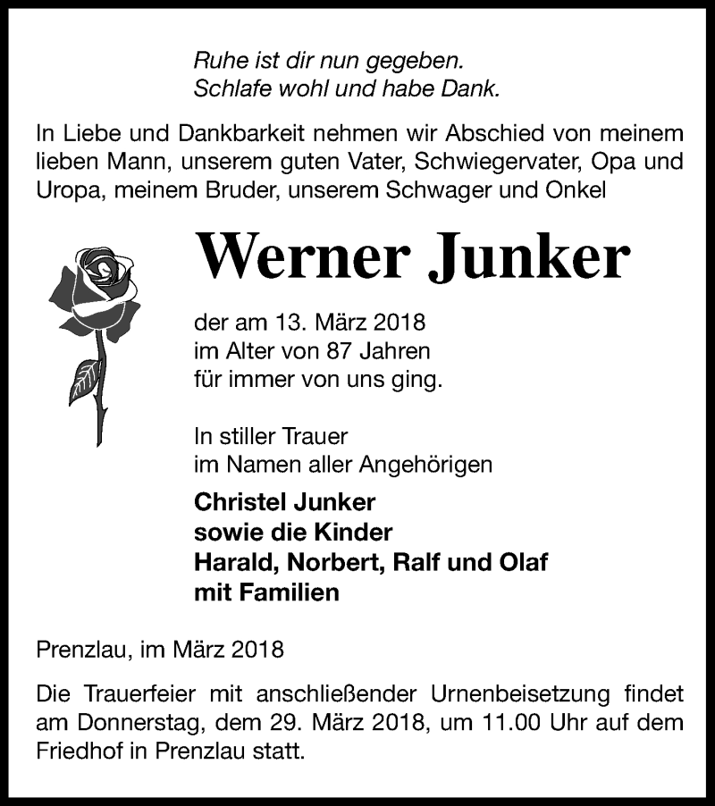  Traueranzeige für Werner Junker vom 16.03.2018 aus Prenzlauer Zeitung