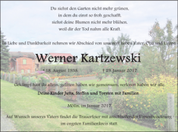 Traueranzeige von Werner Kartzewski von Neubrandenburger Zeitung