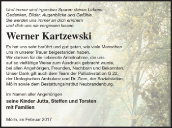 Traueranzeige von Werner Kartzewski von Neubrandenburger Zeitung