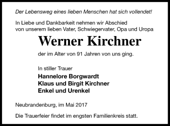 Traueranzeige von Werner Kirchner von Neubrandenburger Zeitung