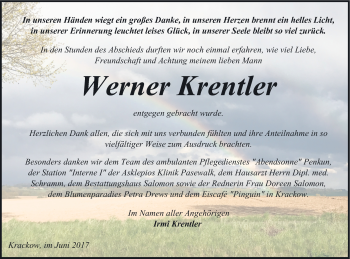 Traueranzeige von Werner Krentler von Pasewalker Zeitung