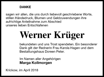 Traueranzeige von Werner Krüger von Neubrandenburger Zeitung