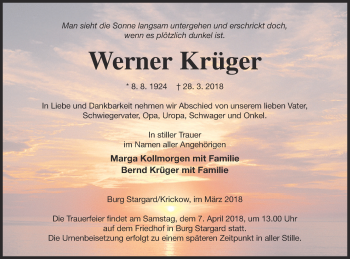 Traueranzeige von Werner Krüger von Neubrandenburger Zeitung