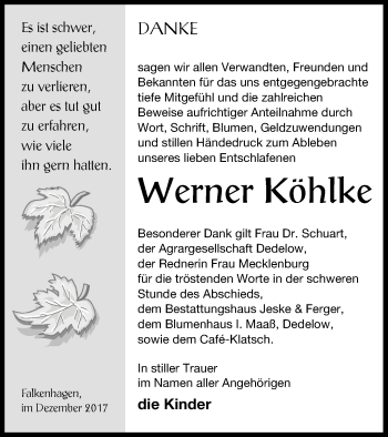 Traueranzeige von Werner Köhlke von Prenzlauer Zeitung