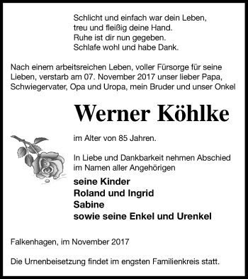 Traueranzeige von Werner Köhlke von Prenzlauer Zeitung