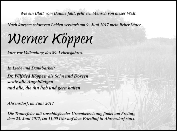 Traueranzeige von Werner Köppen von Templiner Zeitung