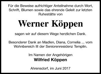 Traueranzeige von Werner Köppen von Templiner Zeitung