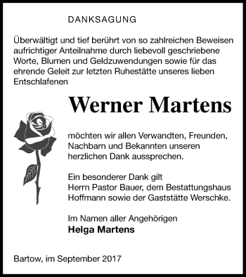 Traueranzeige von Werner Martens von Neubrandenburger Zeitung