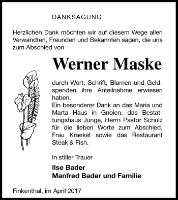 Traueranzeige von Werner Maske von Mecklenburger Schweiz