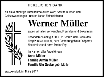 Traueranzeige von Werner Müller von Strelitzer Zeitung