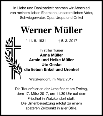 Traueranzeige von Werner Müller von Strelitzer Zeitung