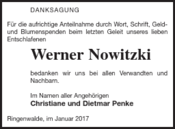 Traueranzeige von Werner Nowitzki von Templiner Zeitung