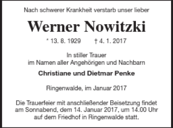 Traueranzeige von Werner Nowitzki von Templiner Zeitung