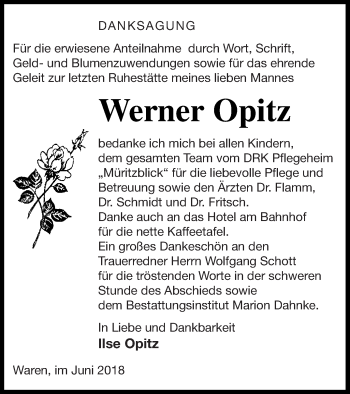 Traueranzeige von Werner Opitz von Müritz-Zeitung