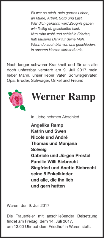 Traueranzeige von Werner Ramp von Müritz-Zeitung