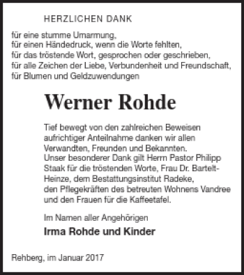 Traueranzeige von Werner Rohde von Vorpommern Kurier