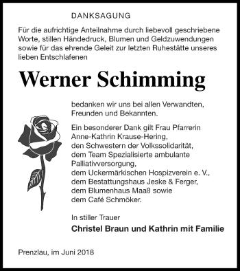 Traueranzeige von Werner Schimming von Prenzlauer Zeitung