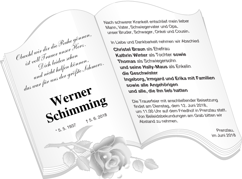  Traueranzeige für Werner Schimming vom 08.06.2018 aus Prenzlauer Zeitung