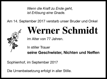 Traueranzeige von Werner Schmidt von Vorpommern Kurier