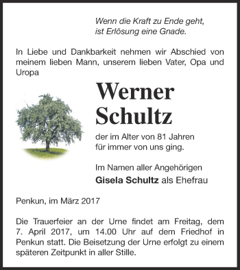 Traueranzeige von Werner Schultz von Pasewalker Zeitung