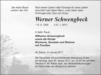 Traueranzeige von Werner Schwengbeck von Vorpommern Kurier