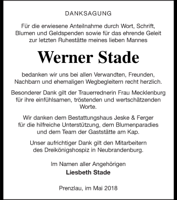 Traueranzeige von Werner Stade von Prenzlauer Zeitung