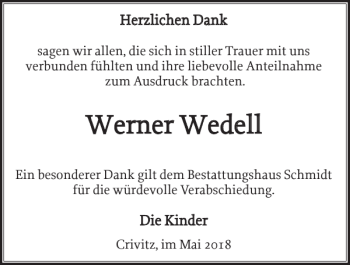 Traueranzeige von Werner Wedell von Zeitung für die Landeshauptstadt