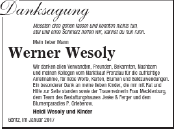 Traueranzeige von Werner Wesloy von Prenzlauer Zeitung