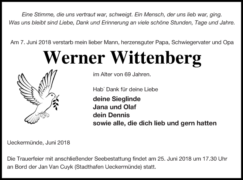 Traueranzeige für Werner Wittenberg vom 16.06.2018 aus Haff-Zeitung