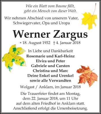 Traueranzeige von Werner Zargus von Vorpommern Kurier