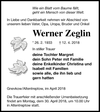 Traueranzeige von Werner Zeglin von Neubrandenburger Zeitung