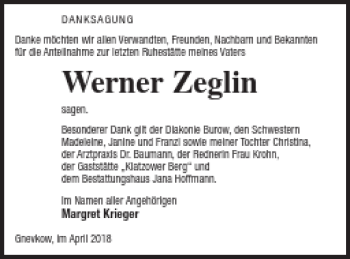 Traueranzeige von Werner Zeglin von Neubrandenburger Zeitung