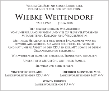 Traueranzeige von Wiebke Weitendorf von Zeitung für die Landeshauptstadt