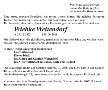 Traueranzeige von Wiebke Weitendorf von Zeitung für die Landeshauptstadt