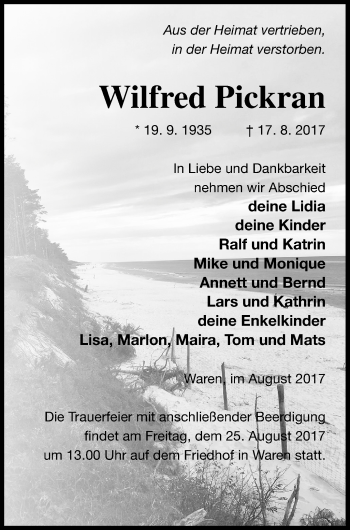 Traueranzeige von Wilfred Pickran von Müritz-Zeitung