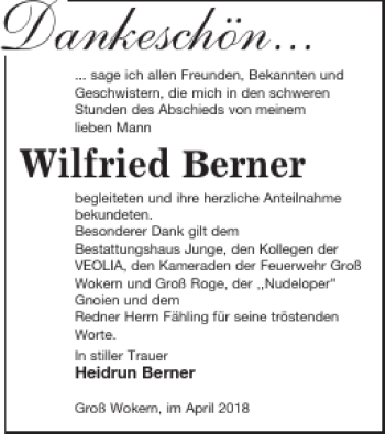 Traueranzeige von Wilfried Berner von Mecklenburger Schweiz