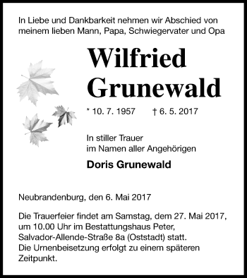 Traueranzeige von Wilfried Grunewald von Neubrandenburger Zeitung