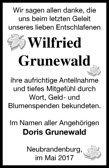 Traueranzeige von Wilfried Grunewald von Neubrandenburger Zeitung