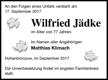 Traueranzeige von Wilfried Jädke von Demminer Zeitung